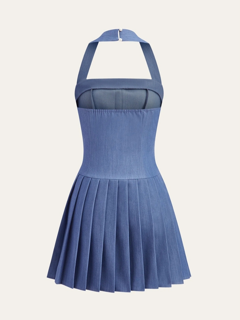 COMMENSE Metal Button Halter Neck Pleated Dress Supersoft Light Blue Medium NWT - Picture 3 of 12